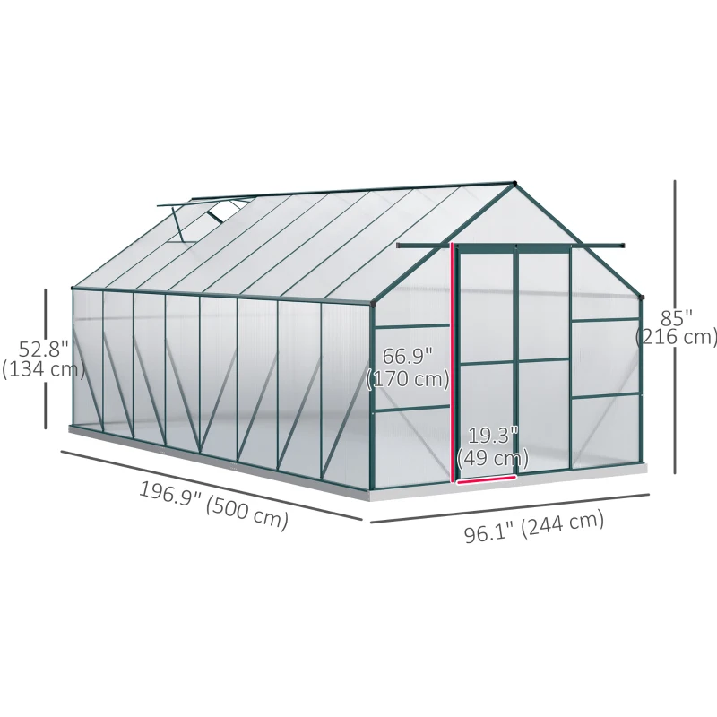 Outsunny 16' x 8' Aluminum Polycarbonate Greenhouse Walk-in Garden Greenhouse Kit with Adjustable Roof Vent, Rain Gutter and Sliding Door for Winter, Green