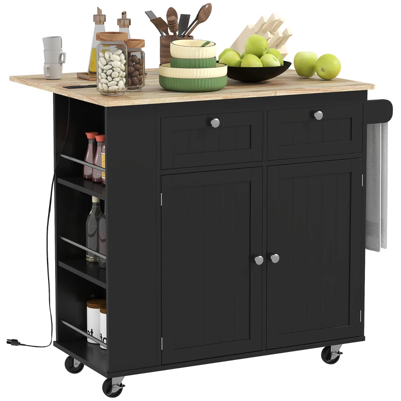 HOMCOM Kitchen Island with Power Outlet and Drop Leaf, Rolling Kitchen Cart with 2 Drawers and Adjustable Shelves, Black
