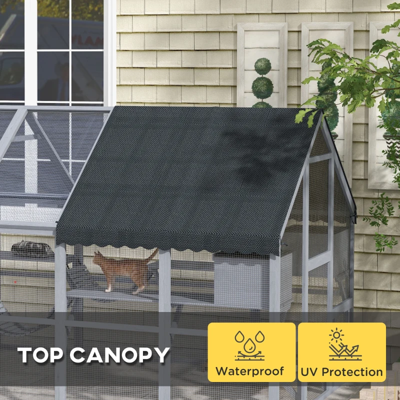 PawHut Wooden Catio Outdoor Cat Enclosure with Waterproof Cover, 2 Condos, 4 Platforms, Bridge, Doors, Gray