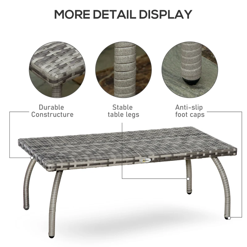 Outsunny Rattan Coffee Table Outdoor Side Table, 35.4" x 19.7" Small Wicker Patio Furniture with All-Weather PE for Garden, Balcony, Backyard, Poolside, Grey
