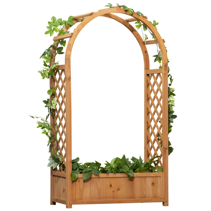 Outsunny Raised Garden Bed with Arch Trellis, Freestanding Outdoor Planter Box for Vine Climbing Plant Flower Herb, Brown