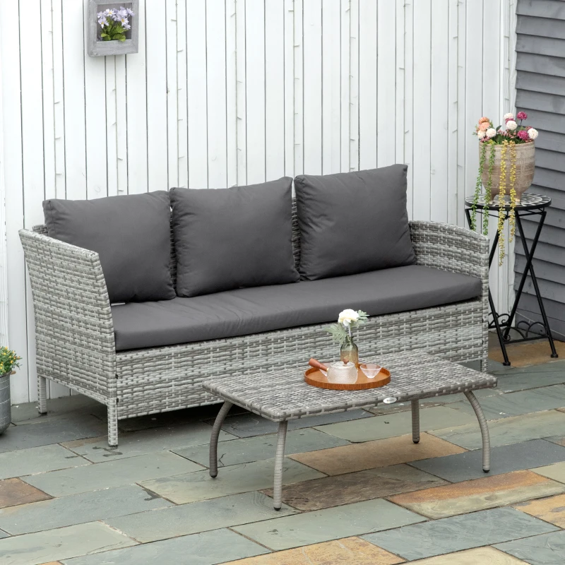 Outsunny Rattan Coffee Table Outdoor Side Table, 35.4" x 19.7" Small Wicker Patio Furniture with All-Weather PE for Garden, Balcony, Backyard, Poolside, Grey