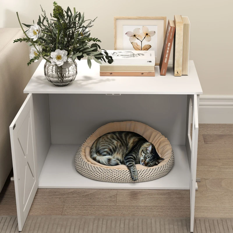 PawHut Hidden Cat Litter Box Enclosure with Double Doors, Hole, Pet House Side End Table, 31.5" x 19" x 20", White
