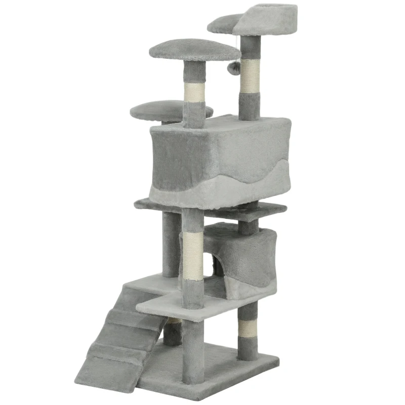 PawHut 53" Cat Tree Scratching Large Kitten Play House Multi-Level Activity Center Pet Furniture, Grey