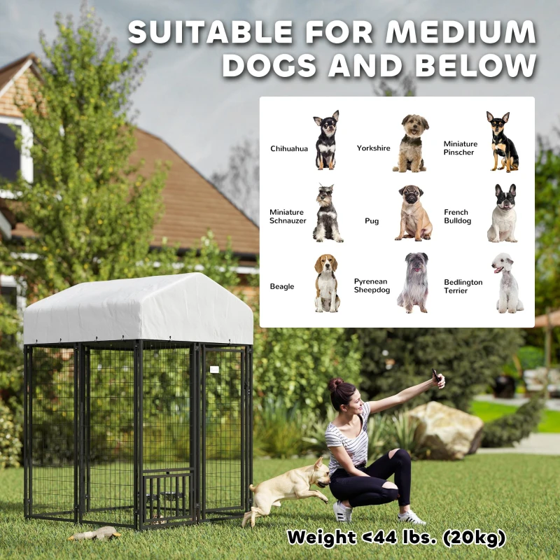 PawHut Welded Wire Outdoor Dog Kennel with 360° Rotating & 4 Levels Adjustable Bowls, Waterproof Cover, 3.9' x 3.9' x 6'
