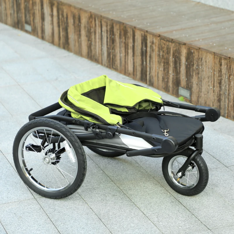 PawHut 3 Wheels Dog Stroller w/ One-Hand Fold, Rubber Wheels, Storage Bag, Soft Cushion for Small & Medium Dogs Yellowish Green