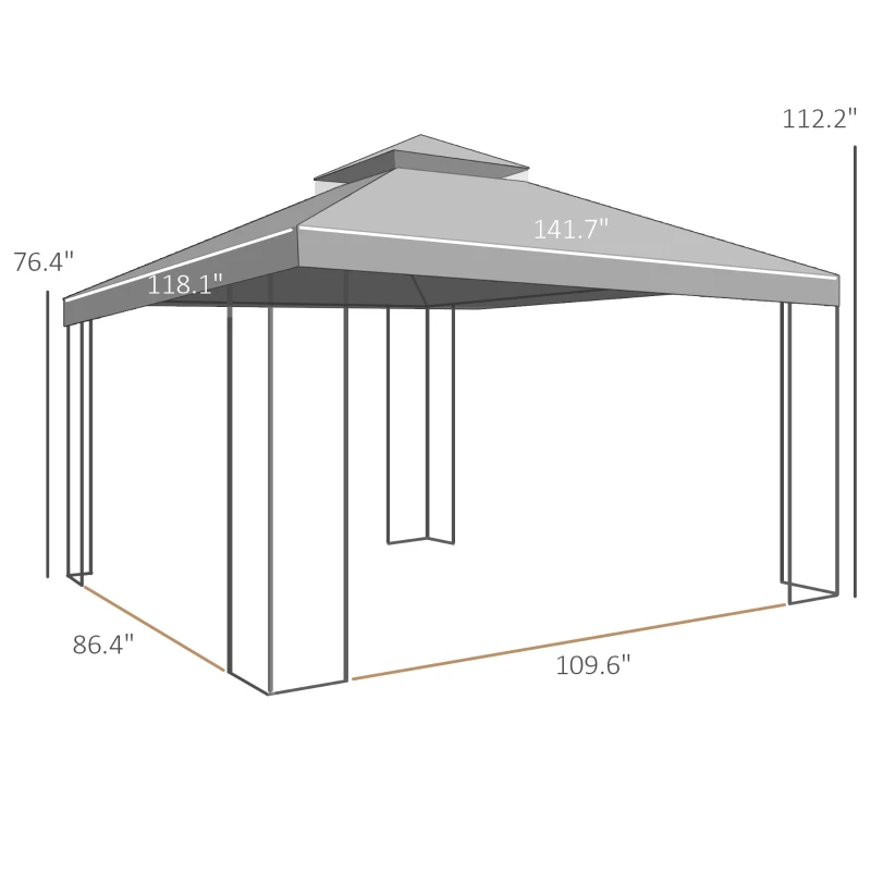 Outsunny 10' x 12' Patio Gazebo with Corner Frame Shelves, Double Roof Outdoor Gazebo Canopy Shelter with Netting, Brown