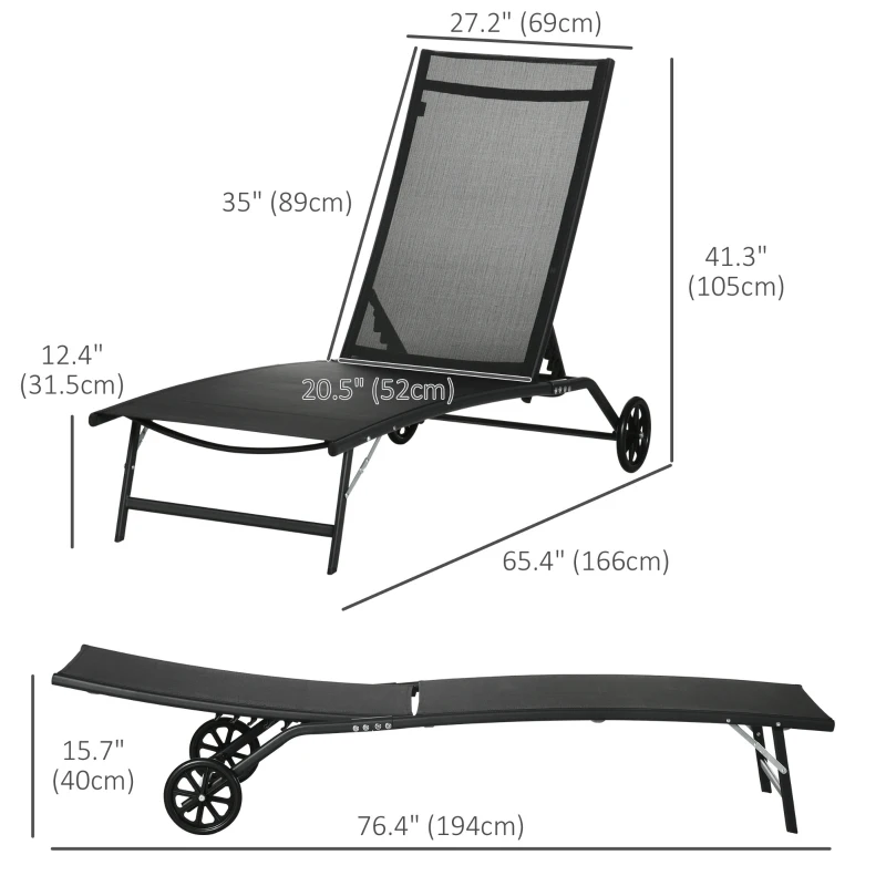 Outsunny 2PCs Lounge Chairs with Wheels, 5-Level Adjustable Backrest for Garden, Backyard, Patio, Deck, Poolside, White