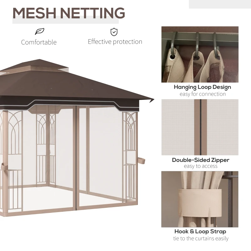 Outsunny 10' x 12' Patio Gazebo Outdoor Canopy Shelter with Double Tier Roof and Nettings for Garden Lawn Backyard Deck, Brown