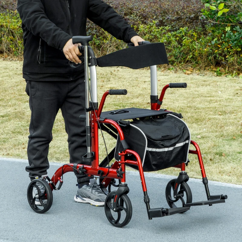HOMCOM Rollator Walker with Seat, Folding Rolling Walker with 8" Wheels, Walker for Seniors with Adjustable Height, Red