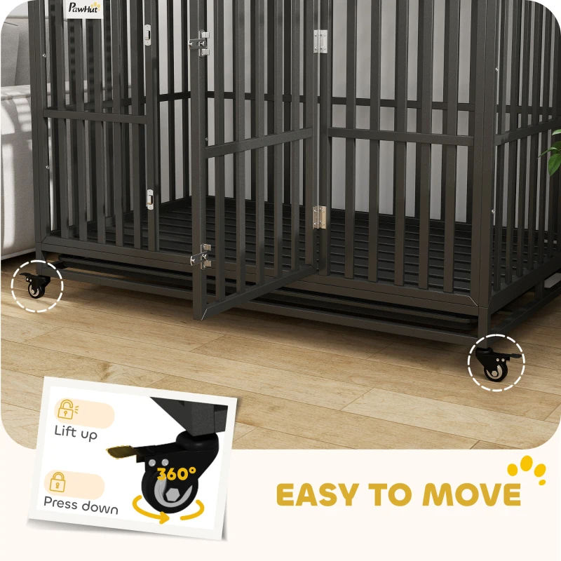 PawHut 49" Heavy Duty Steel Dog Crate Kennel Pet Cage with Wheels for Convenient Access Anti-Pinching Floor, Black