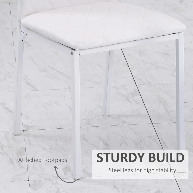 HOMCOM Modern Dining Chairs Set of 4, Upholstered Faux Leather Kitchen Chairs with Rhombic Tufting and Metal Legs for Living Room, White