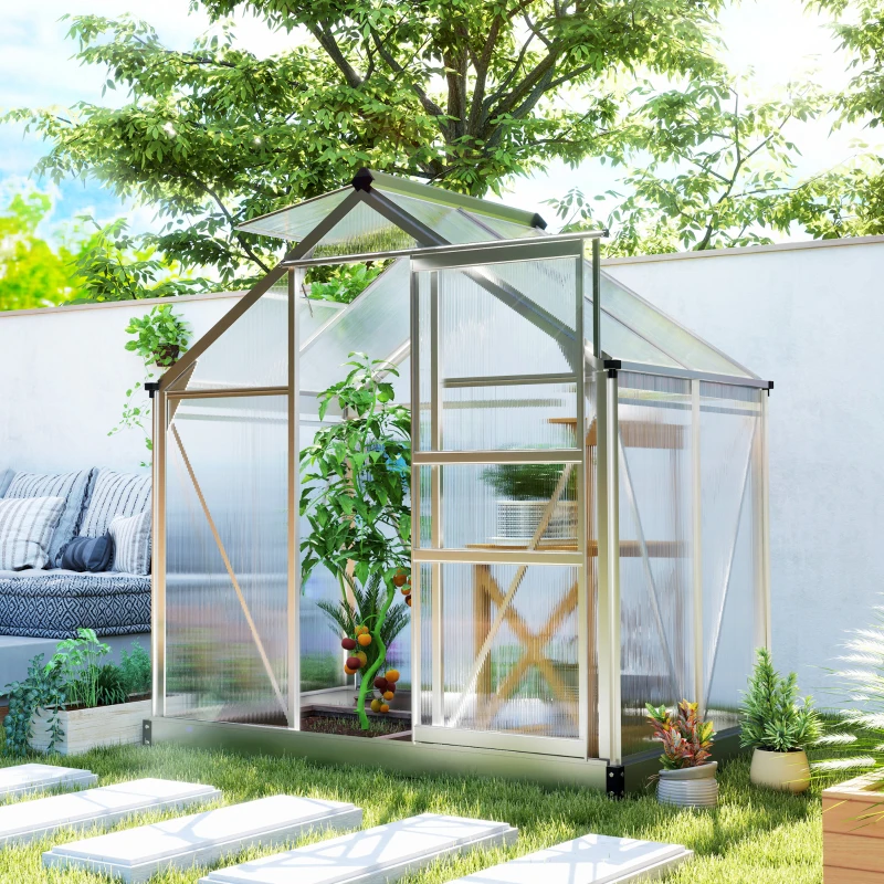 Outsunny 6' x 4' x 6.6' Polycarbonate Greenhouse, Walk-In Green House Kit Garden, Plants Grow, Galvanized Sheet Aluminum Frame with Rain Gutter, Vent and Sliding Door, Silver