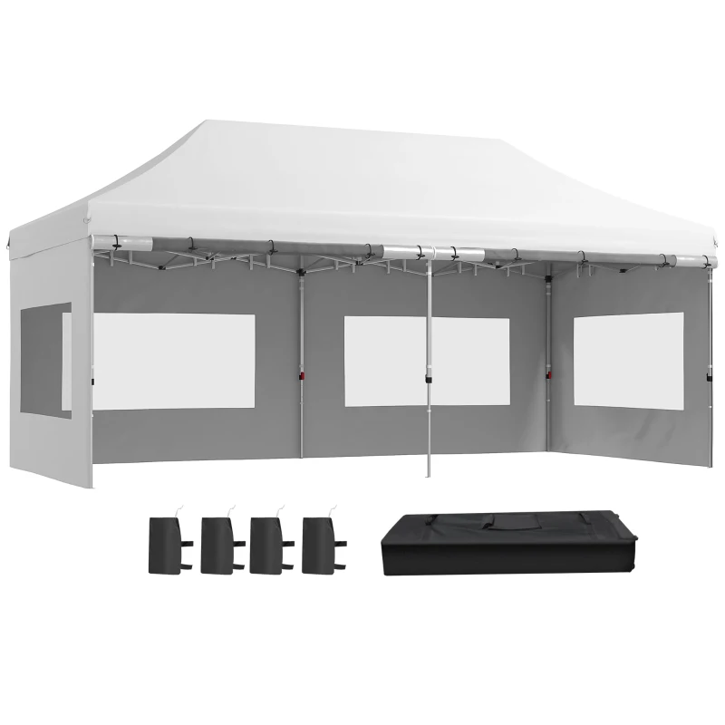 Outsunny 20' x 10' Folding Pop Up Canopy Tent with Sidewalls,  Windows, Weight Bags and Carrying Bag, White