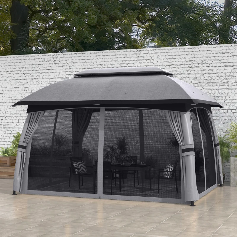 Outsunny 10' x 13' Patio Gazebo, Outdoor Gazebo Canopy Shelter with Netting, Vented Roof for Garden, Dark Gray