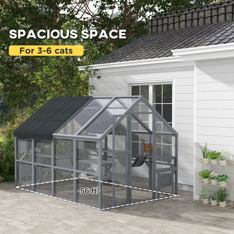 PawHut Wooden Catio Outdoor Cat Enclosure with Waterproof Cover, 2 Condos, 4 Platforms, Bridge, Doors, Gray