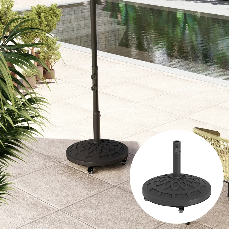 Outsunny Round Patio Umbrella Base with Wheels, 46 lbs Resin Umbrella Stand Base, Heavy Duty Patio Umbrella Holder for 1.3"/1.5"/1.9" Umbrella Poles for Outdoor, Lawn, Poolside, Black