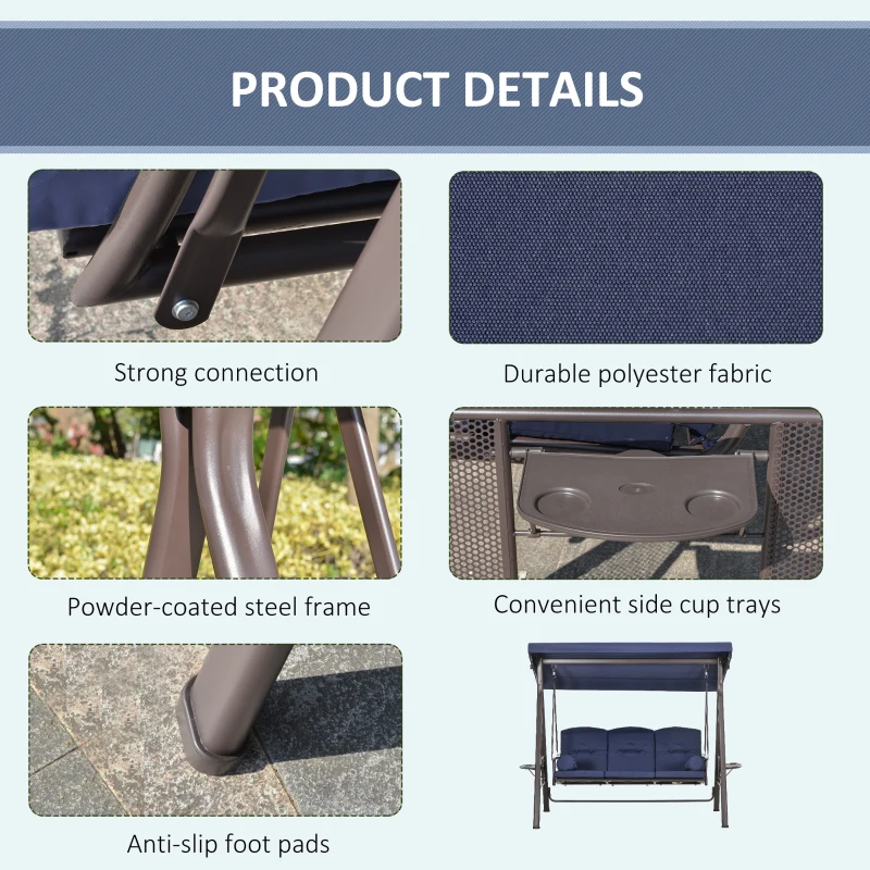 Outsunny Outdoor Patio 3-Person Steel Canopy Cushioned Seat Bench Swing with Included Side Trays & Padded Comfort, Dark Blue