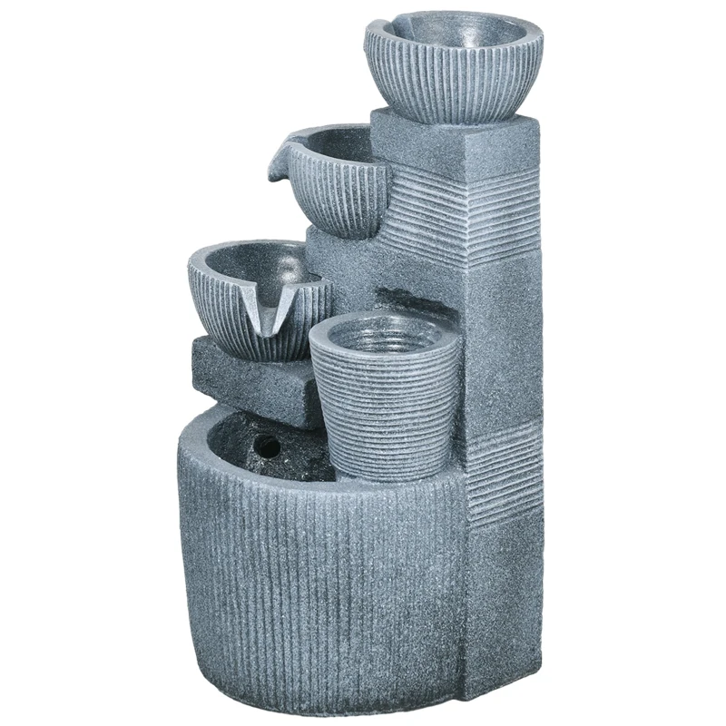 Outsunny Solar Powered Outdoor Water Fountain, 4-Tier Floor Standing Resin Cascading Bowls Waterfall Fountain with LED Lights