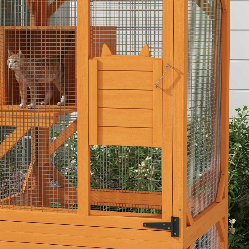 PawHut Catio Outdoor, Elevated Design, with Wheels, Resting Box, Water-Resistant, Multi Platforms, Orange