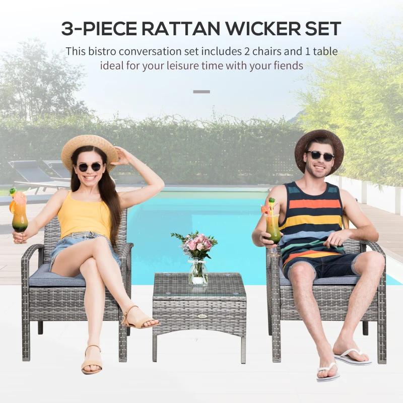 Outsunny 3 Pieces Wicker Patio Furniture Set, Rattan Bistro Set with Coffee Table and Cushions, Outdoor Conversation Set for Garden, Porch, Balcony, Grey