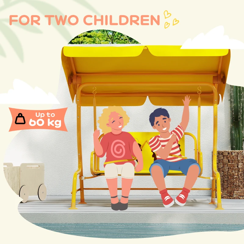 Qaba Kids Patio Swing Chair with Adjustable Canopy, Safety Belt for Patio, Garden, Poolside, Balcony, Yellow