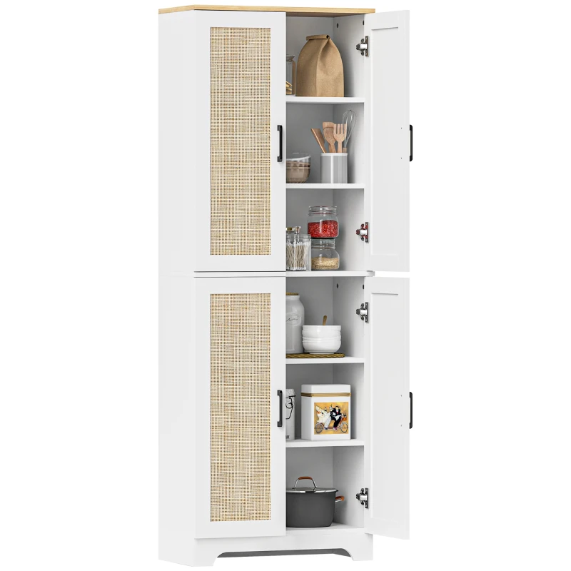 HOMCOM 67" Tall Kitchen Pantry, Freestanding Kitchen Storage Cabinet with 4 Rattan Doors and Adjustable Shelves, White