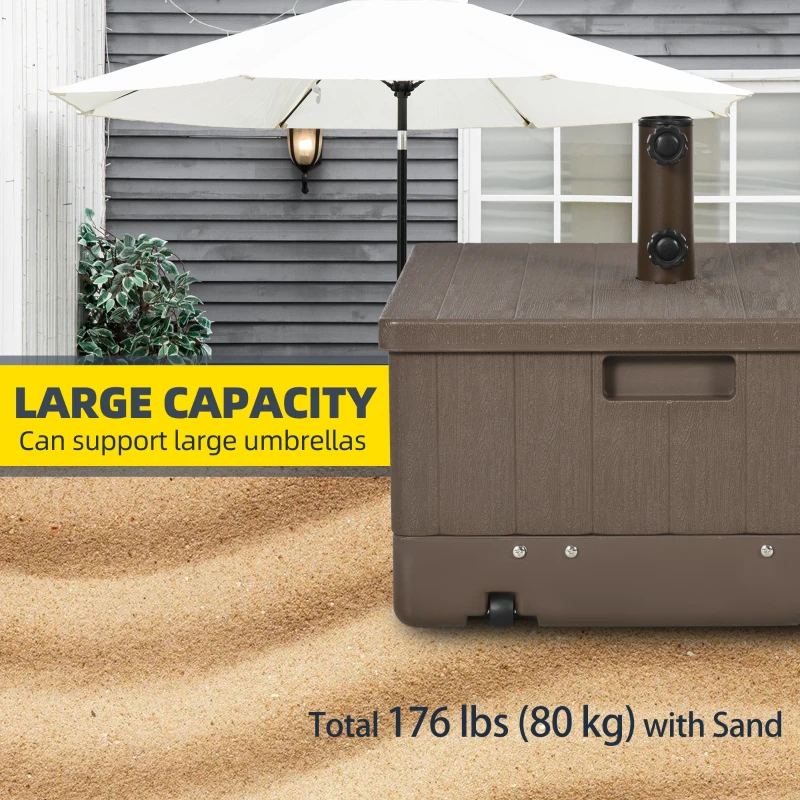 Outsunny 3-in-1 Outdoor Umbrella Base with Wheels, Side Table, Planter Box, 175lbs Heavy Duty Patio Umbrella Stand, Brown