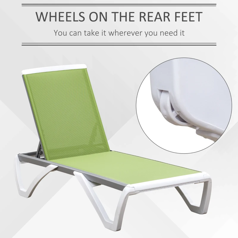 Outsunny Outdoor Chaise Lounge Chair, Patio Aluminum Tanning Chair with 5-Level Adjustable Back, Portable Wheels, Breathable Mesh Fabric, for Pool, Deck, Garden, Green