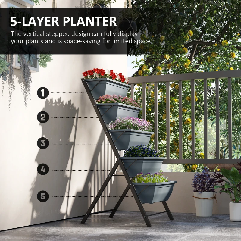 Outsunny 5-Tier Raised Garden Bed Plant Stand Flower Pots with Leaking Holes Grey