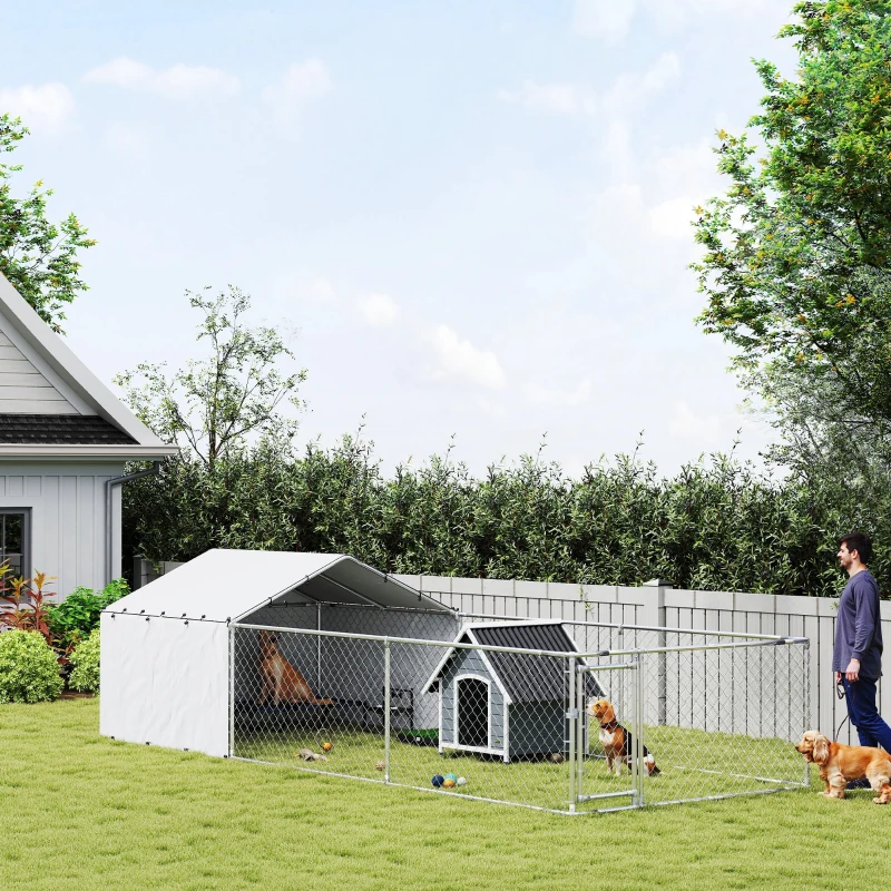 PawHut Galvanized Steel Dog Kennel Outdoor with Waterproof & UV-Resistant Cover for Large Dogs, 19.7' x 7.5' x 4.9'