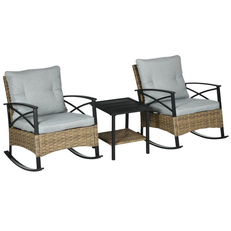 Outsunny 3 Pcs Outdoor PE Rattan Rocking Chair Set, Bistro Set with Two-tier Table, Padded Cushions for Garden, Grey