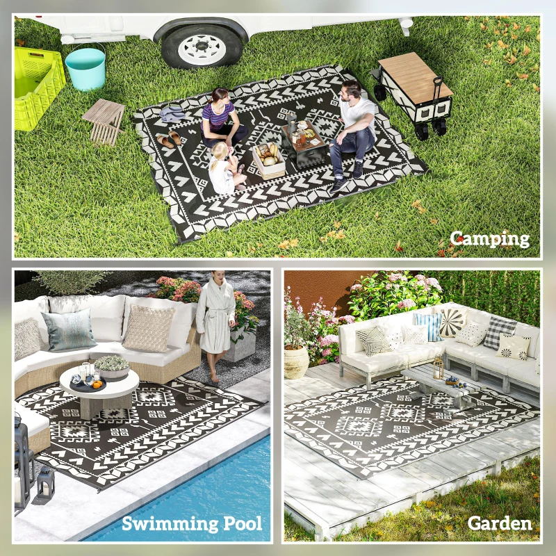 Outsunny Reversible Outdoor Rug, Waterproof Plastic Straw with Carry Bag, 8' x 10', Black & White Rhombus Patchwork