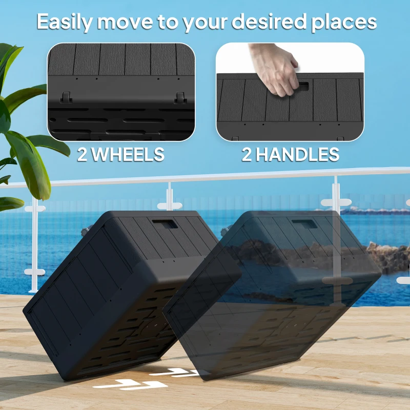 Outsunny 3-in-1 Patio Umbrella Base, Coffee End Table, Flower Box Planter with Wheels Handles, Square Plastic 176lb Stand/110lb Water Fillable Outdoor Garden Umbrella Stand, Black