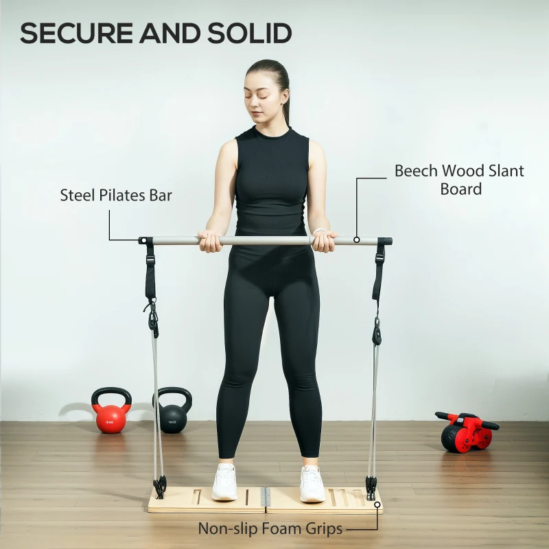 Soozier Pilates Bar Kit with Resistance Bands and Foldable Calf Stretch Board, Pilates Equipment for Full Body Workouts, Grey