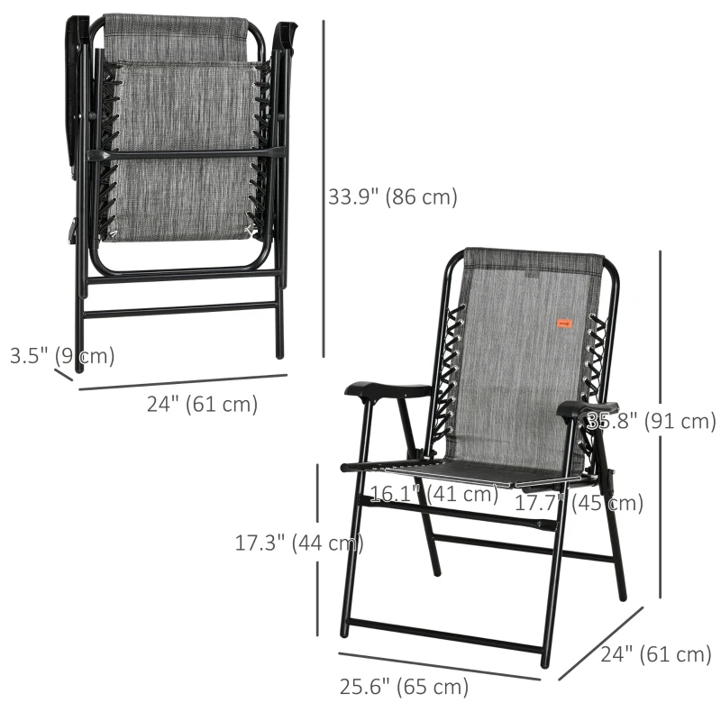 Outsunny Outdoor Folding Chair, Bungee Sling Foldable Patio Dining Chair with Armrests, Folding Lawn Chair for Camping, Garden, Pool, Beach, Backyard, Grey