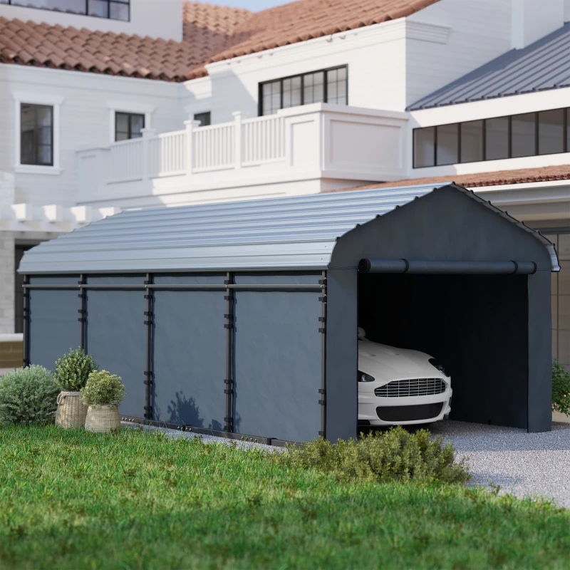 Outsunny 12' x 20' Metal Carport, Heavy Duty Garage Car Canopy with Galvanized Metal Roof and Removable Sidewalls, Dark Gray