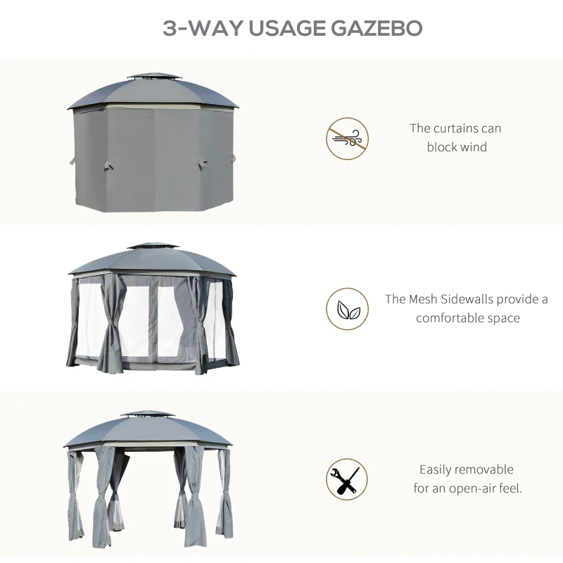 Outsunny 12' x 12' Round Outdoor Gazebo, Patio Dome Gazebo Canopy Shelter with Double Roof, Netting Sidewalls and Curtains, Zippered Doors, Strong Steel Frame, Gray