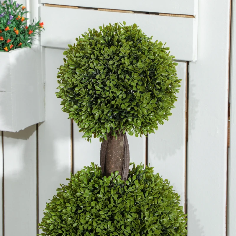 HOMCOM Set of 2 Artificial Ball Boxwood Topiary Trees, Fake Plants in Pots for Indoor Outdoor Living Room, Green