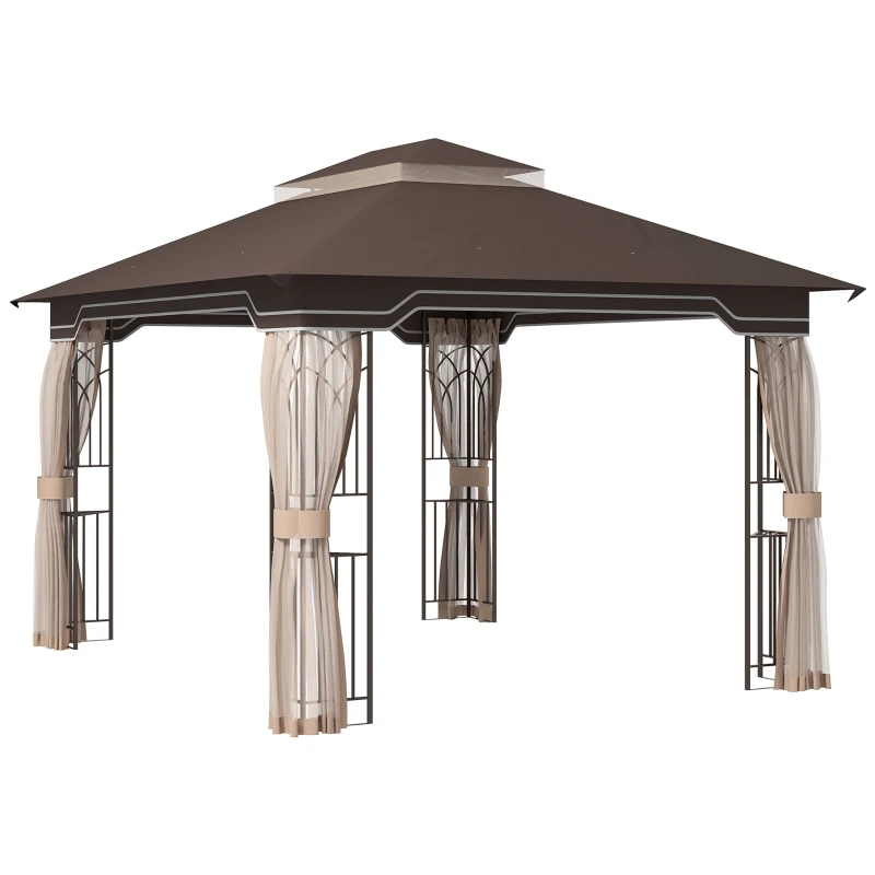 Outsunny 10' x 12' Patio Gazebo Outdoor Canopy Shelter with Double Tier Roof and Nettings for Garden Lawn Backyard Deck, Brown