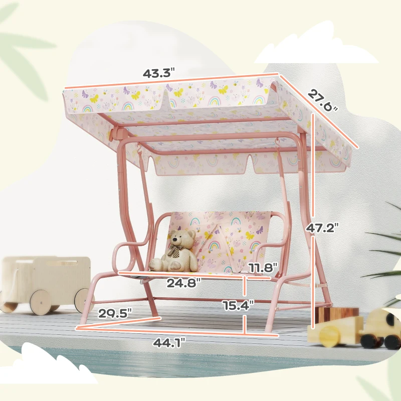 Qaba Kids Patio Swing Chair with Adjustable Canopy, Safety Belt for Patio, Garden, Poolside, Balcony, Pink