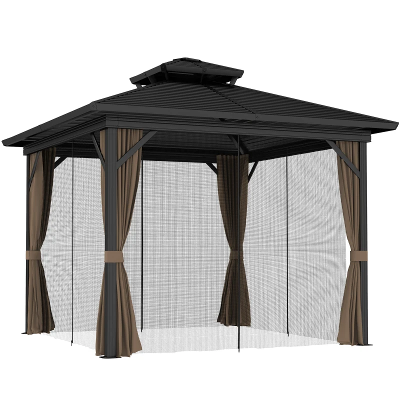 Outsunny 10' x 10' Hardtop Gazebo with Aluminum Frame, Metal Roof Gazebo Canopy w/ Hook, Curtains included, Dark Brown