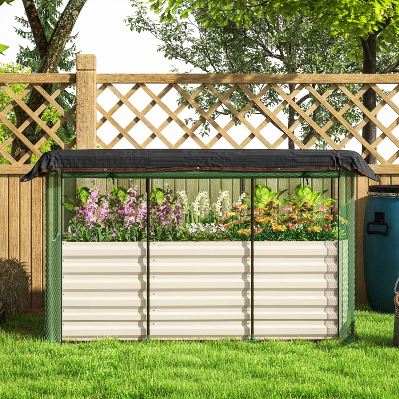 Outsunny Galvanized Steel Planter Box with Crop Cage and Shade Cloth, Raised Garden Bed for Flowers, Veggies and Herbs, Beige