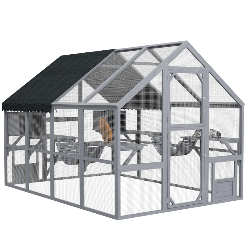 PawHut Wooden Catio Outdoor Cat Enclosure with Waterproof Cover, 2 Condos, 4 Platforms, Bridge, Doors, Gray