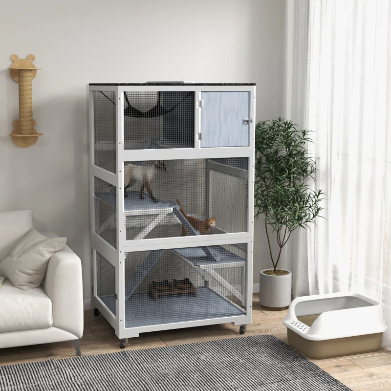 PawHut 34" L Catio Outdoor Cat Enclosure on Wheels with Hammock Multiple Platforms Resting Condo Ramps for 1-3 Cats, Grey