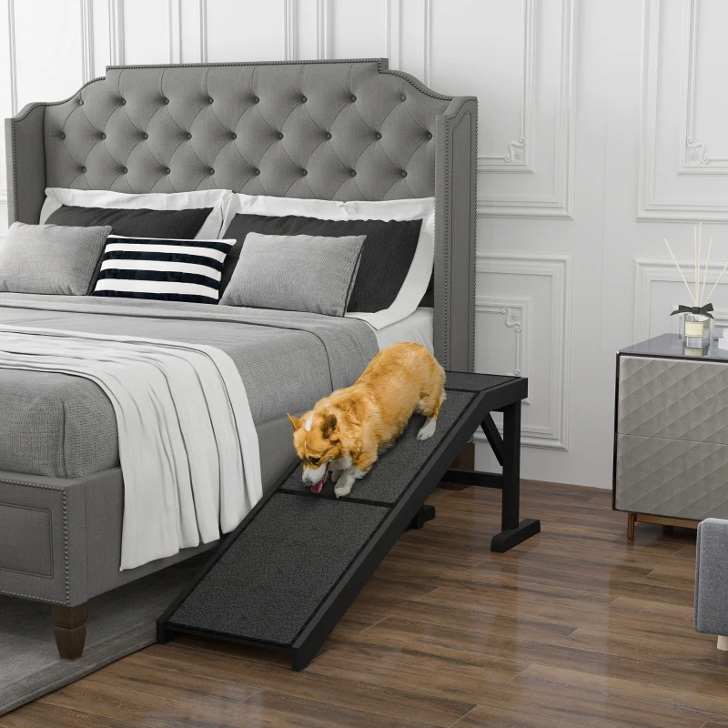 PawHut Pet Ramp Bed Steps for Dogs Cats Non-slip Carpet Top Platform Pine Wood 59"L x 16"W x 20"H Black