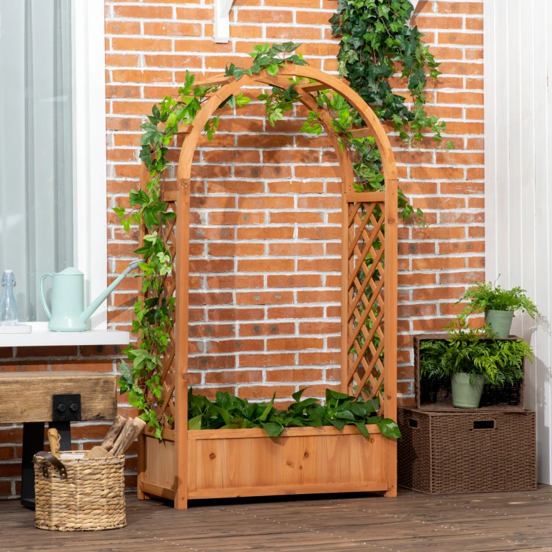 Outsunny Raised Garden Bed with Arch Trellis, Freestanding Outdoor Planter Box for Vine Climbing Plant Flower Herb, Brown