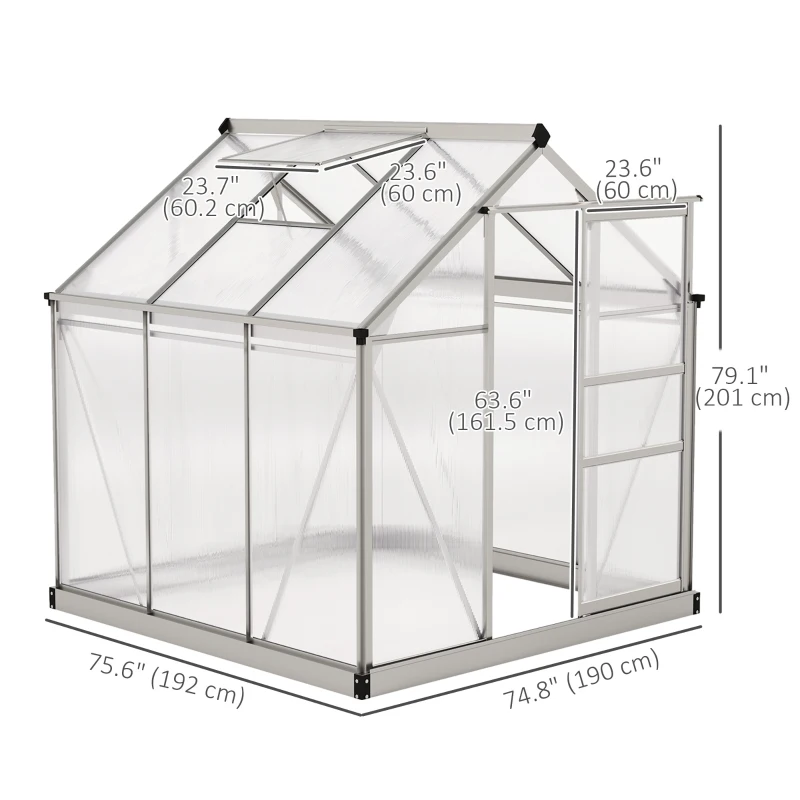 Outsunny 6' x 6' x 6.6' Polycarbonate Greenhouse, Walk-In Green House Kit Garden, Plants Grow, Galvanized Sheet Aluminum Frame with Rain Gutter, Vent and Sliding Door, Silver
