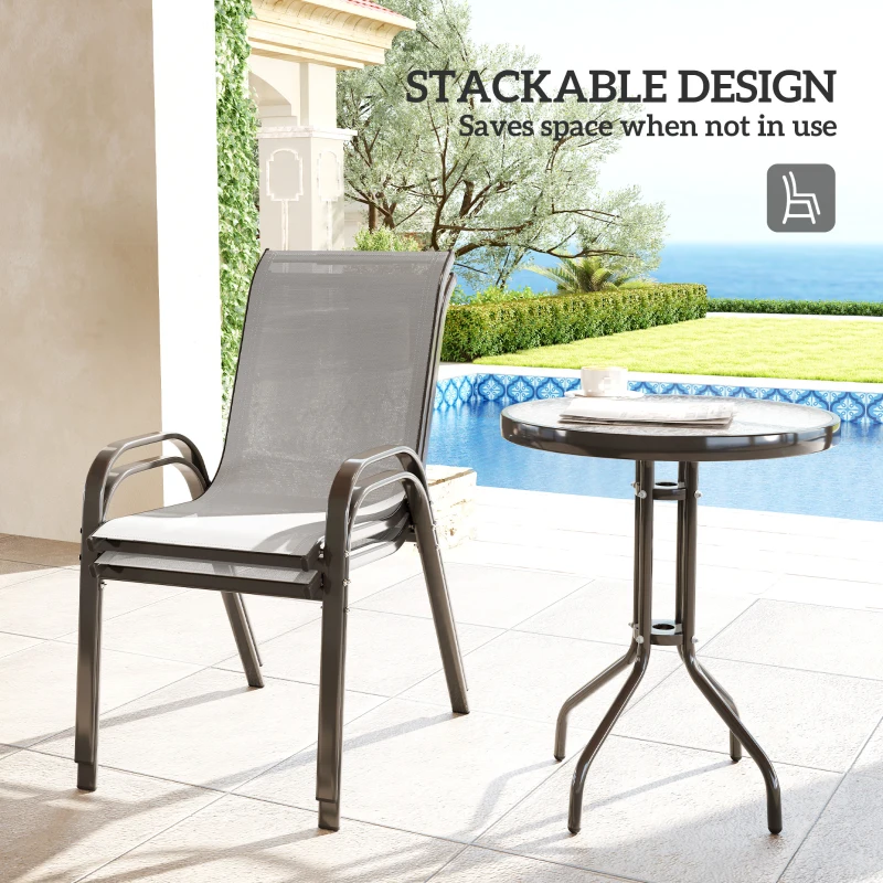 Outsunny 3 Pieces Bistro Set, Small Patio Furniture Set with Stackable Mesh Chairs, Glass Table for Garden, Balcony, Light Grey