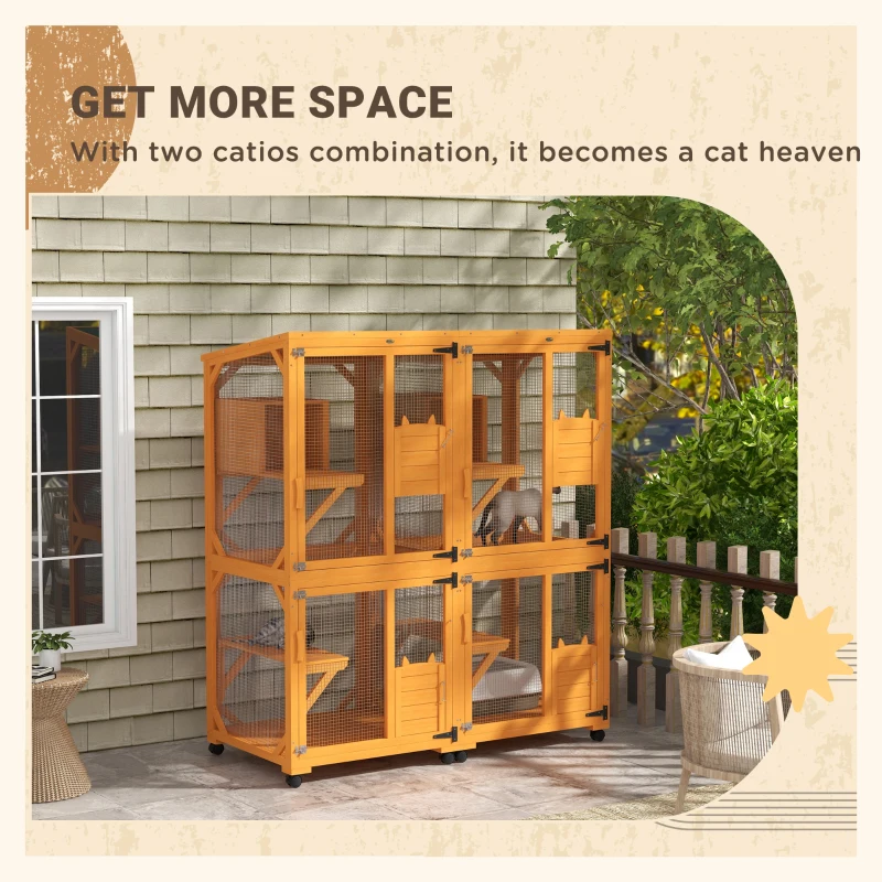 PawHut Catio Outdoor, Elevated Design, with Wheels, Resting Box, Water-Resistant, Multi Platforms, Orange